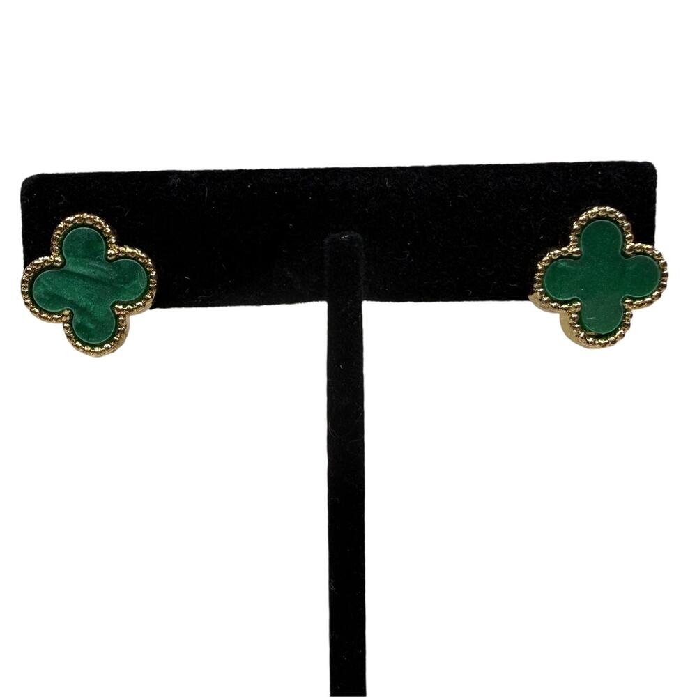 Green Malachite Clover Earrings Gold Tone Fashion Jewelry Studded 0.5 in